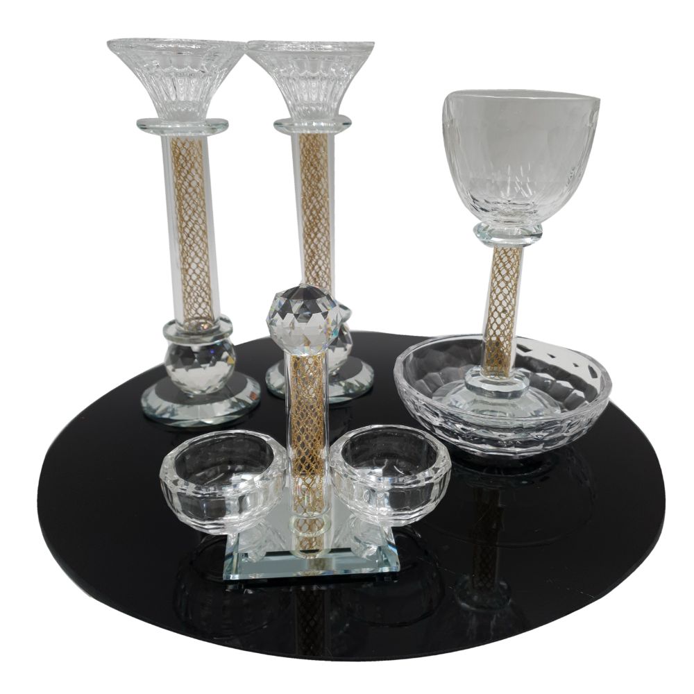 Set Of Crystal Candle Holder with Kiddush Cup and Salt Holder