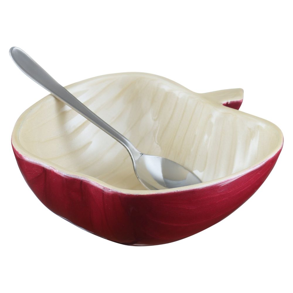 Honey Dish Apple Shape Red Aluminum Spoon 5"W x 2H"