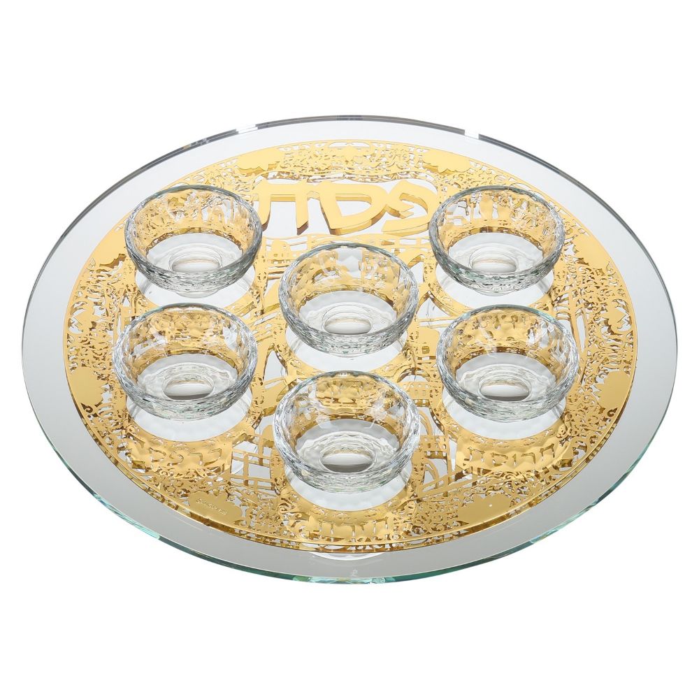 Mirror And Glass Seder Plate With Gold Jerusalem Plate