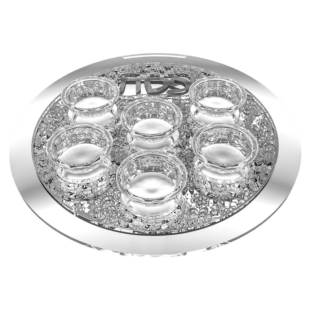 Mirror And Glass Seder Plate With Silver Floral Plate