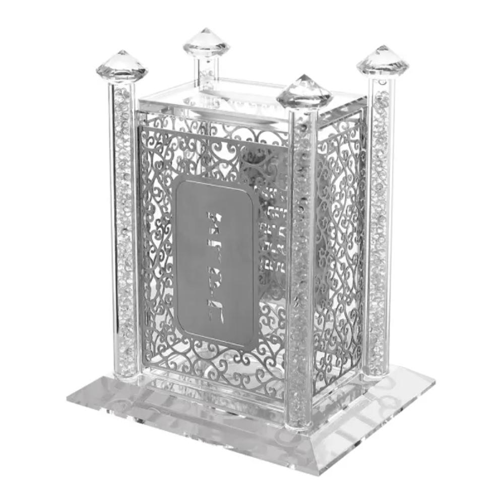 Crystal Tzedakah Pushka With Silver Design 4x3x3.5"