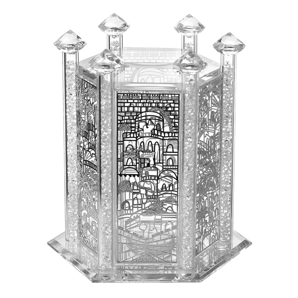 Crystal Tzedakah Box Octagon Jerusalem Silver Design 5.5"Hx4