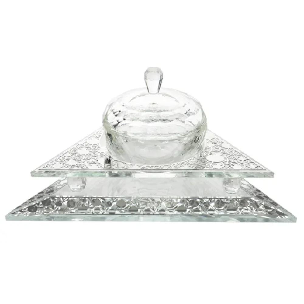 Crystal Honey Dish Triangle Shape With Pomegranate Silver 3 Pc 6 1/2x 5 1/2 w X1 1/2 H "