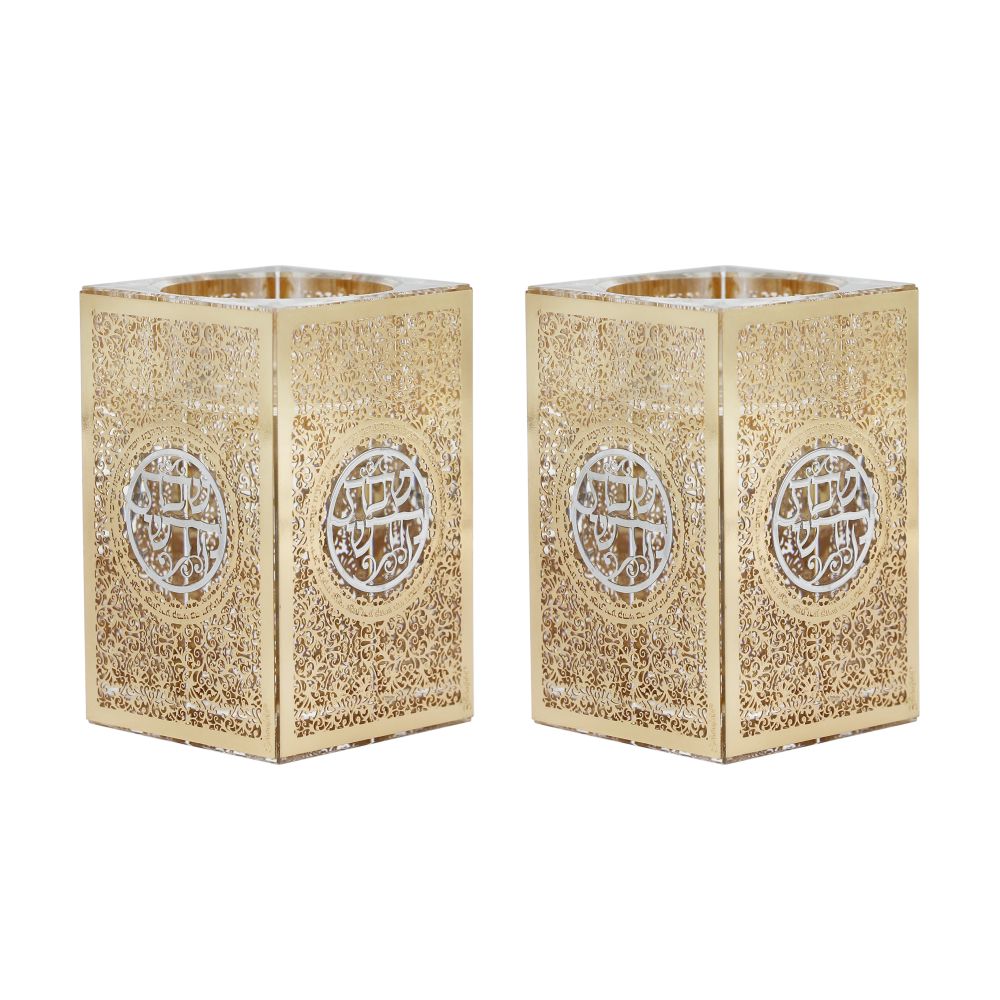 Crystal tea Light Holders With Gold Floral And Silver Shabbat Kodesh 3"Hx2x2"