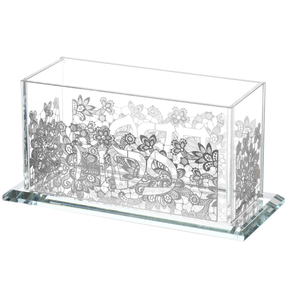 Matzah Holder Crystal With Silver Floral 10x5.5x4.5"