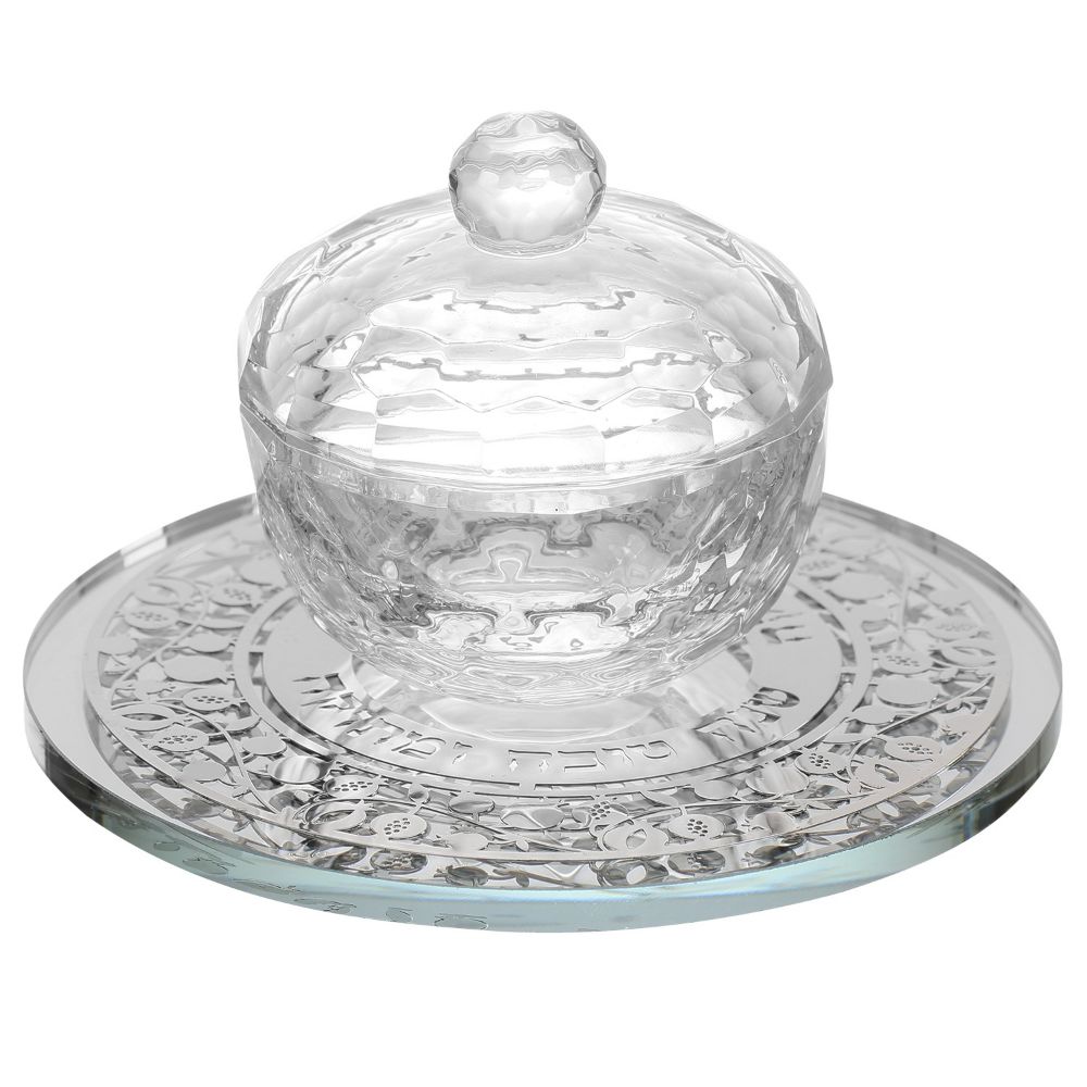 Crystal Honey Dish With Pomegranate Silver 3 Pc 5x3"