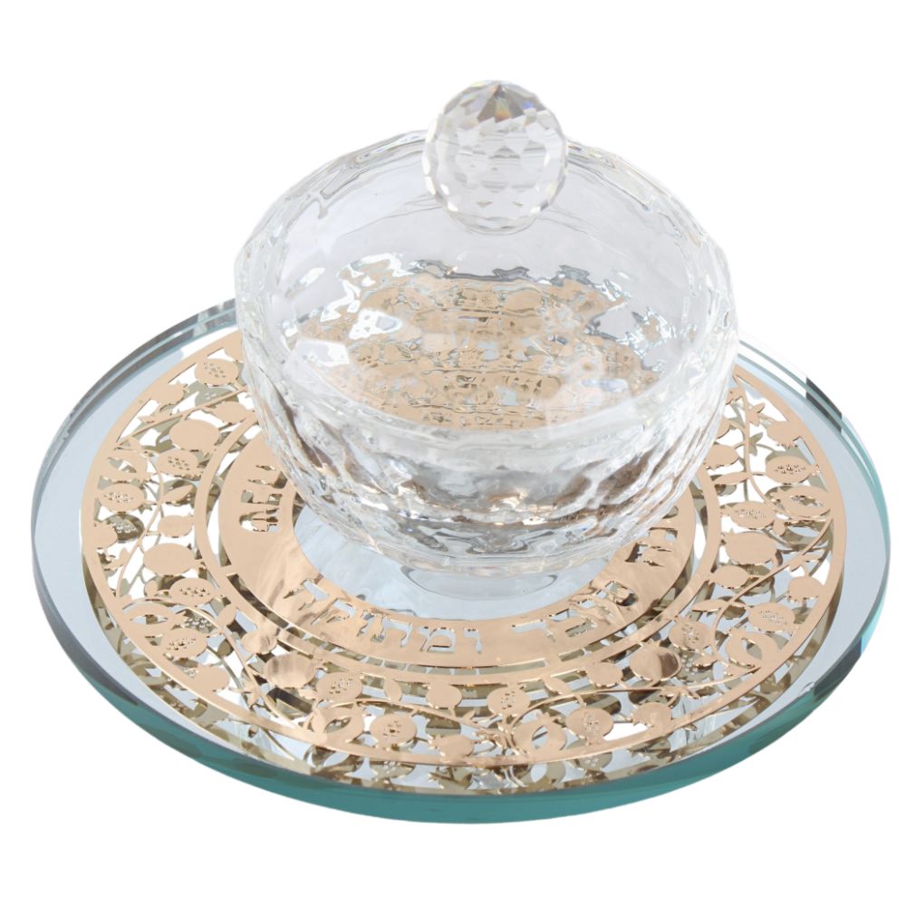 Crystal Honey Dish with Mirror Tray and Gold "Shana Tova" Pomegranate Plate