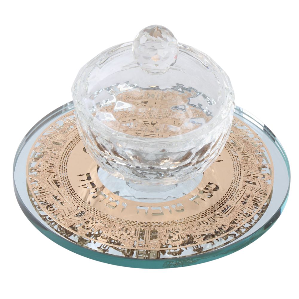 Crystal Honey Dish with Mirror Tray and Gold "Shana Tova" Jerusalem Plate