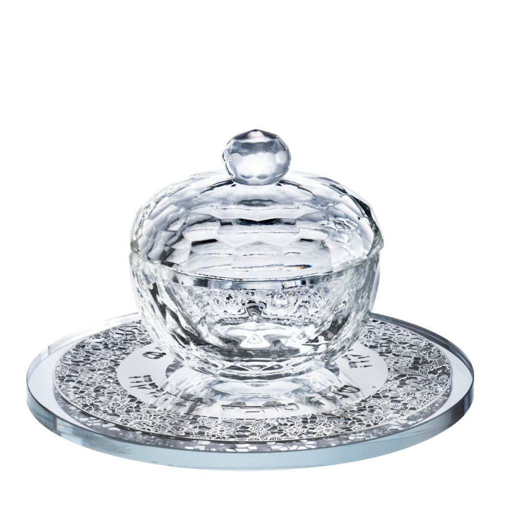 Crystal Honey Dish With Floral Silver 3 Pc 5x3"