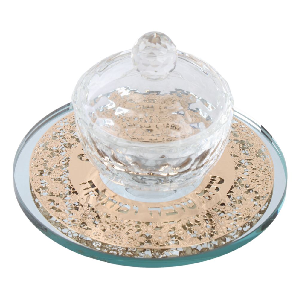 Crystal Honey Dish with Mirror Tray and Gold "Shana Tova" Floral Plate