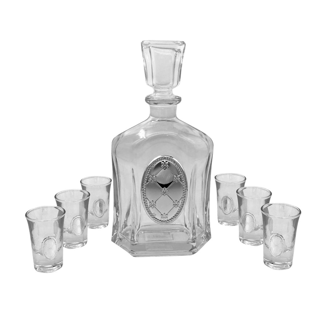 Liquer Set Bottle Pyramid + 6 Cups Chess Silver