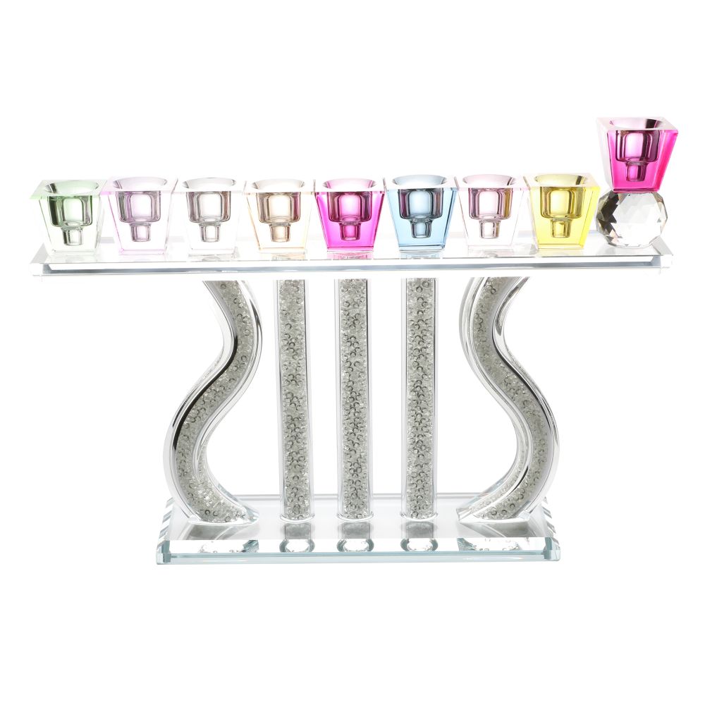 Crystal Menorah with Colored Tops & Stones 7"Hx10.5"W