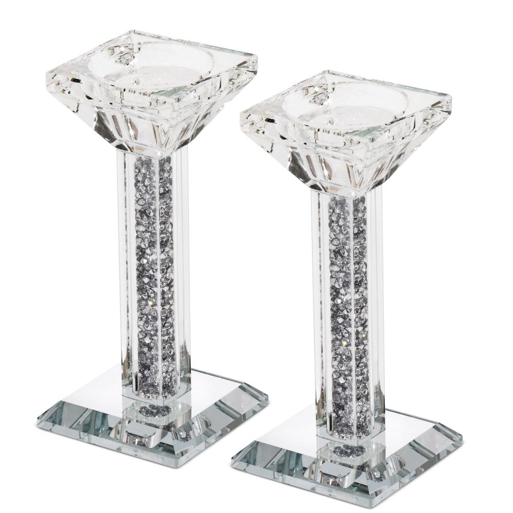Crystal Candlestick Silver Filling Mirror Stands 5"
