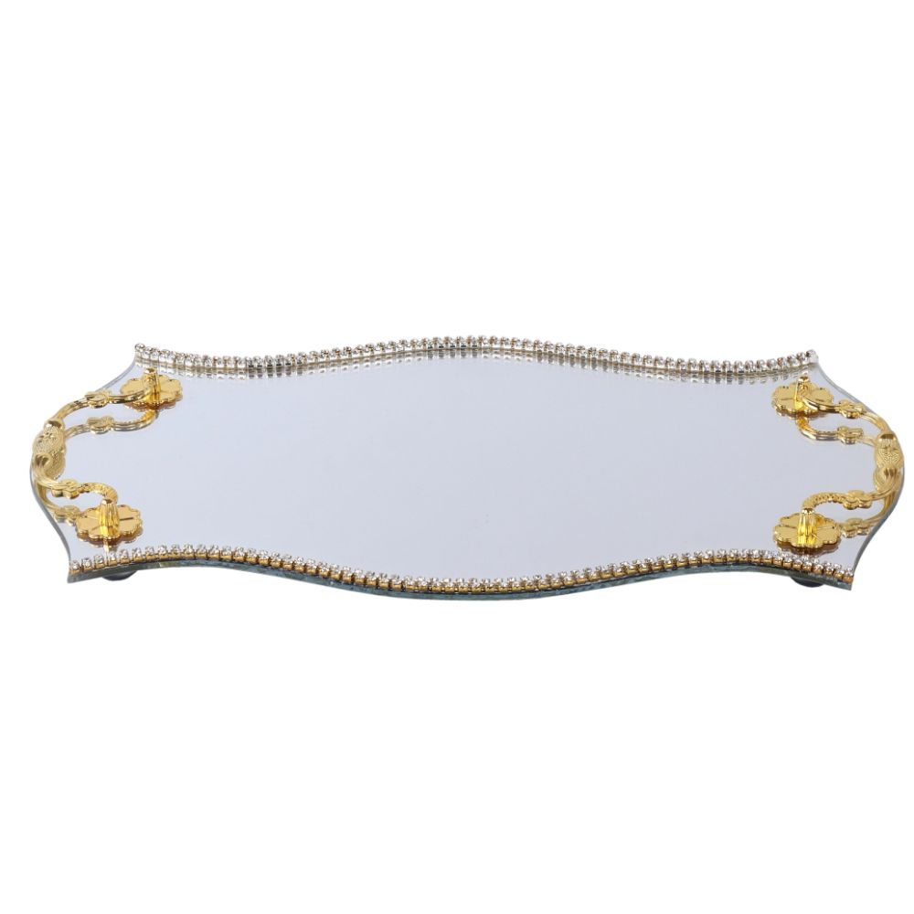 Mirror Tray Circular Shape Gold Handles Crystals 12x7"