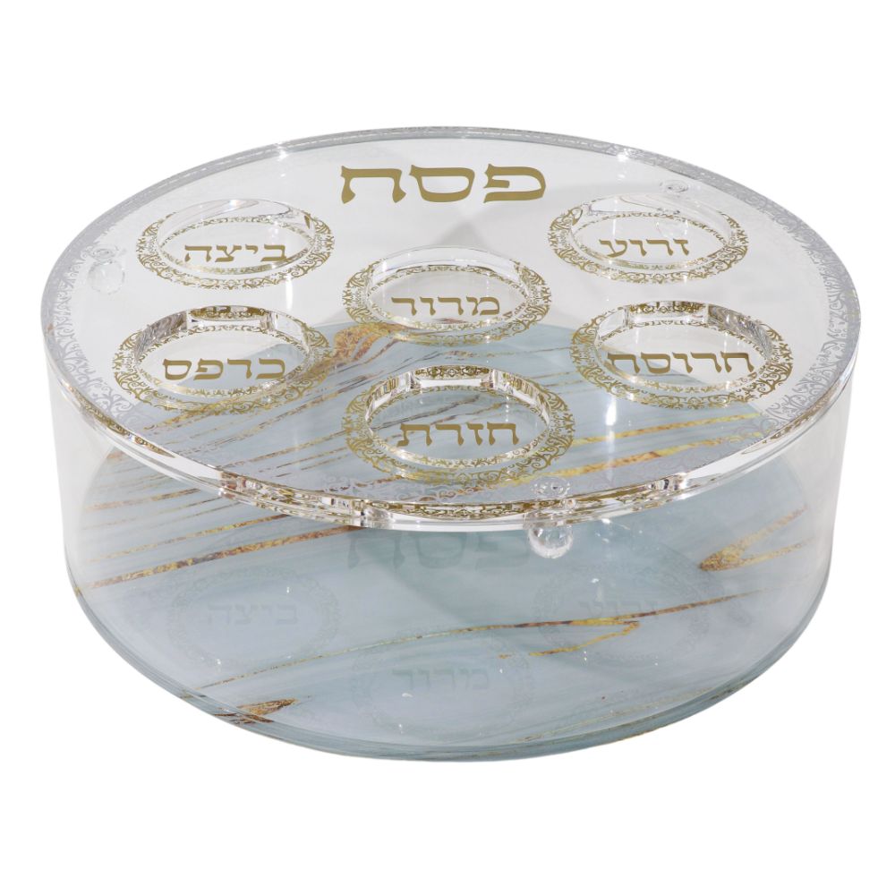 Acrylic Round Matza Box With Seder Plate Cover - Grey & Gold Marble Design