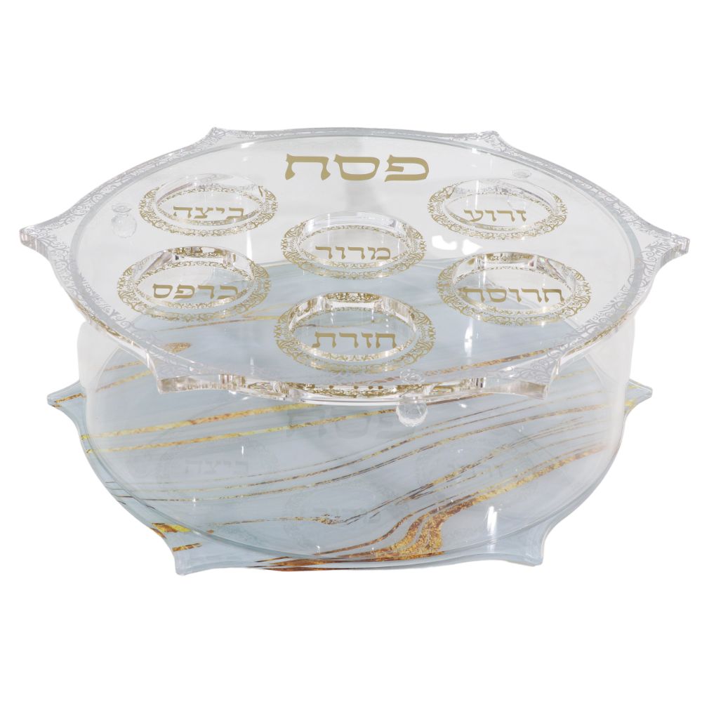 Acrylic Round Matza Box With Seder Plate Cover - Carved Grey & Gold Marble Design