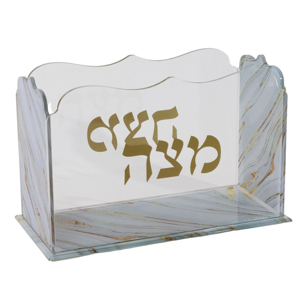Open Stand Sqaure Matza Box - Acrylic - Grey & Gold Marble Design 8x4x5"