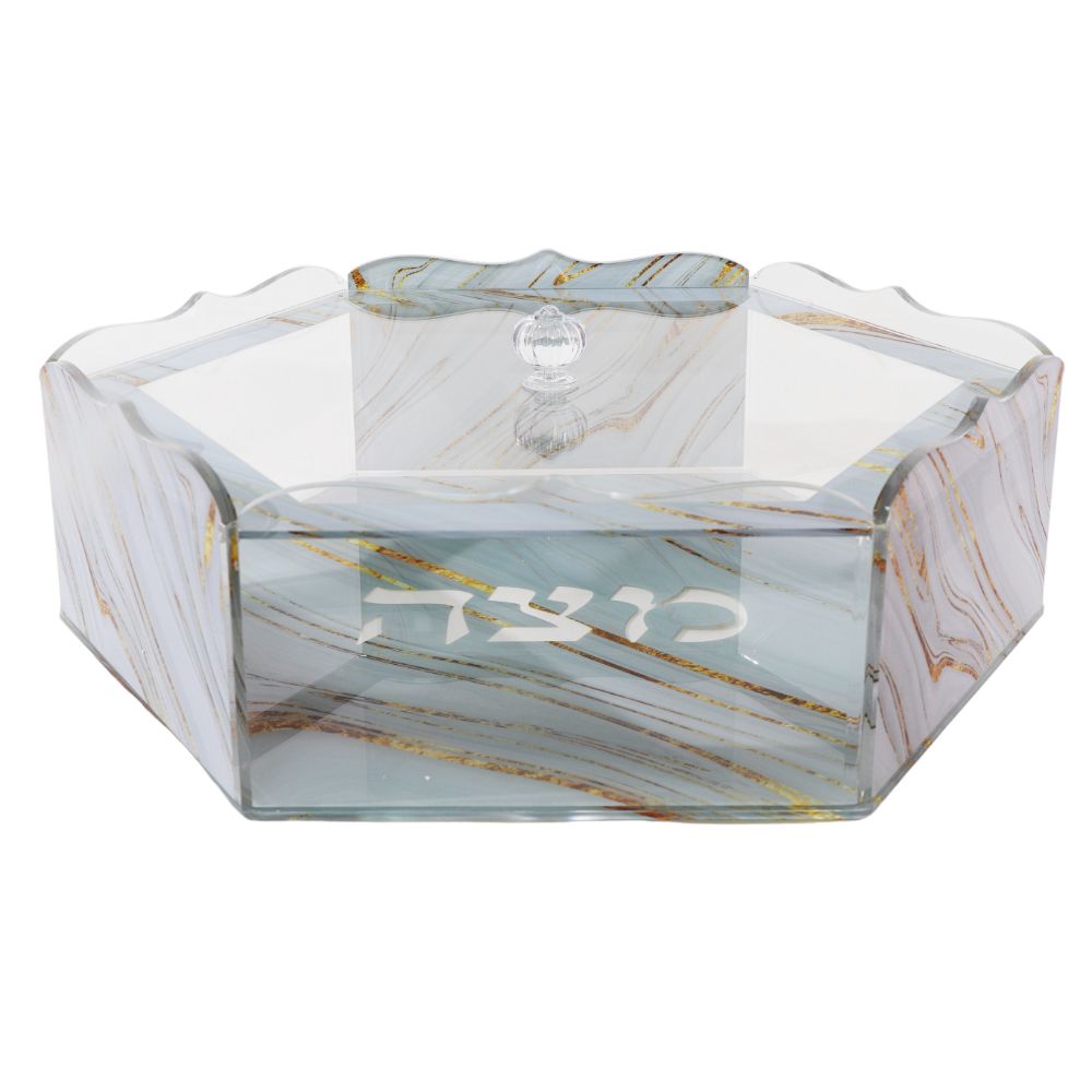 Hexagon Matza Box - Acrylic - Grey & Gold Marble Design 8x4x5"