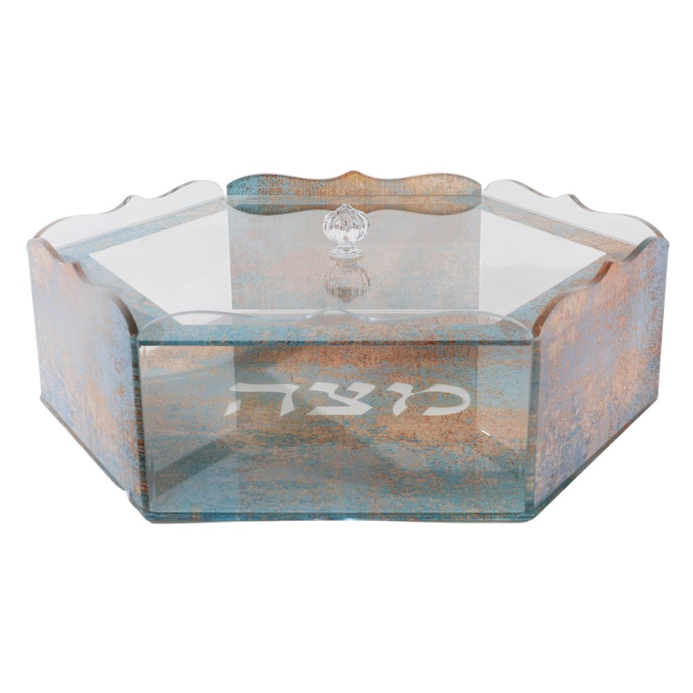 Hexagon Matza Box - Acrylic - Blue & Orange Marble Design 15x13x5"