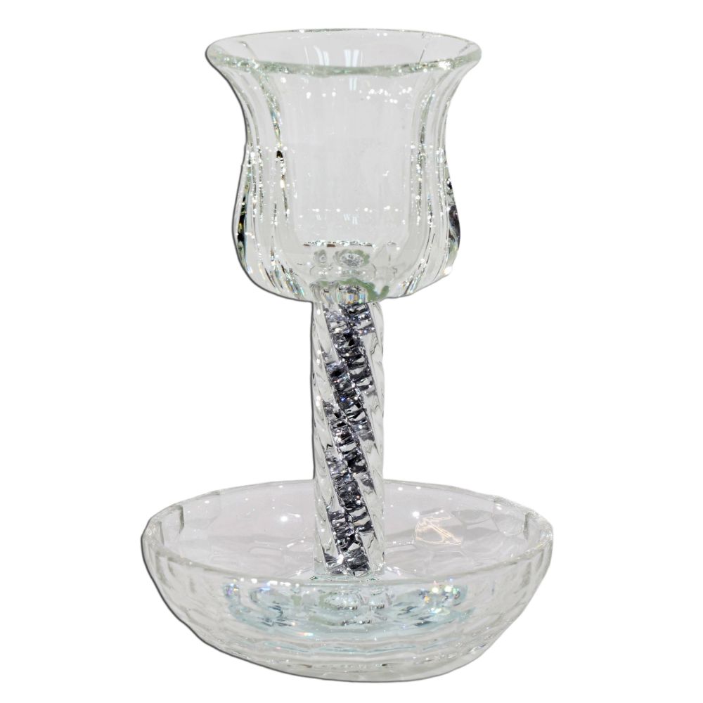 Crystal Kiddush Cup  - Silver Filling with Spiral Leg - 6" Cup 4.5" Tray