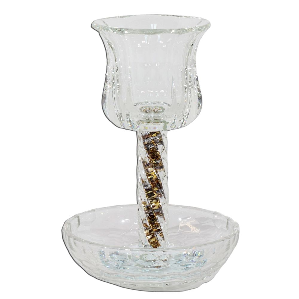 Crystal Kiddush Cup  - Gold Filling with Spiral Leg - 6" Cup 4.5" Tray