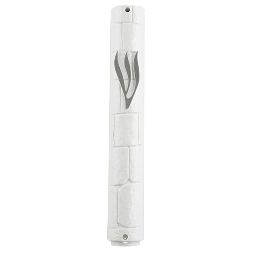 Plastic Mezuzah With Rubber Cork 15 Cm- "The Kotel" White With Slv Shin