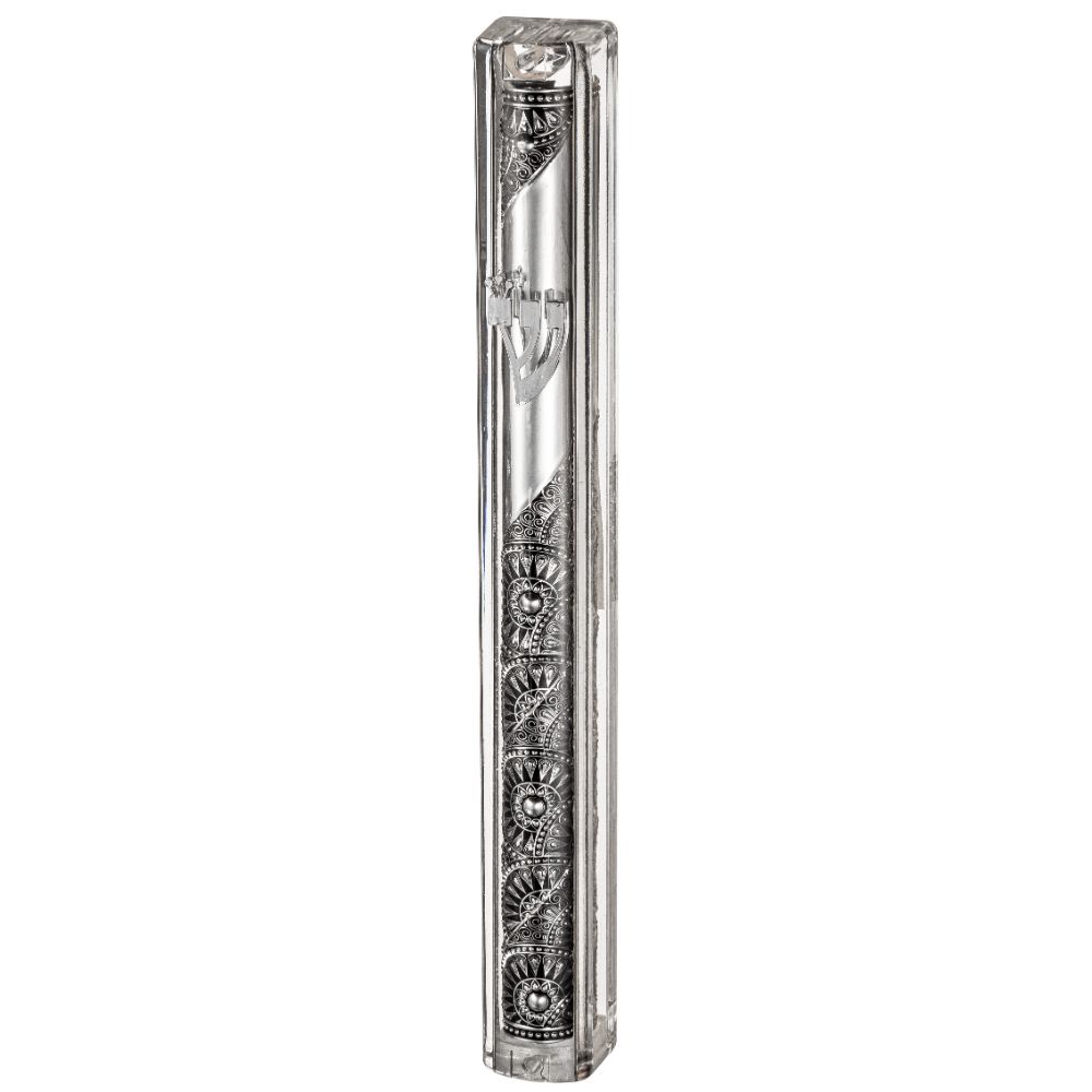 Transparent Plastic Mezuzah with Rubber Cork 12 cm- with the letter Shin and Plaque