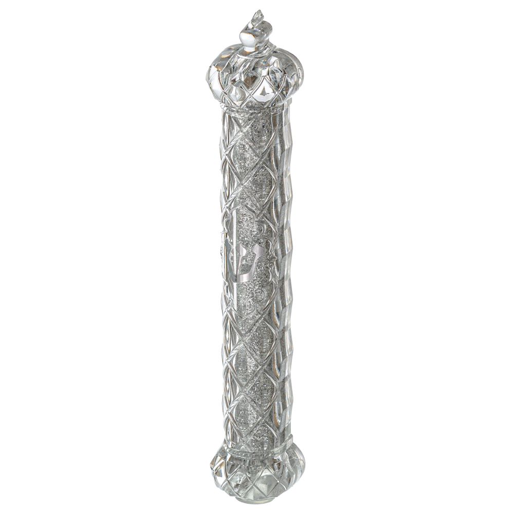 Plastic Glitter Transparent Mezuzah with Rubber Cork 12 cm- "Crown and Diamond" with the Letter Shi