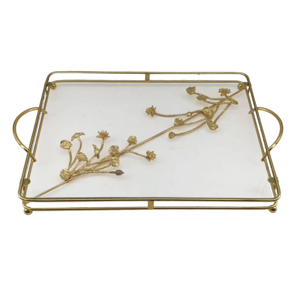 Glass Tray With gold Flowers 20 x13"  