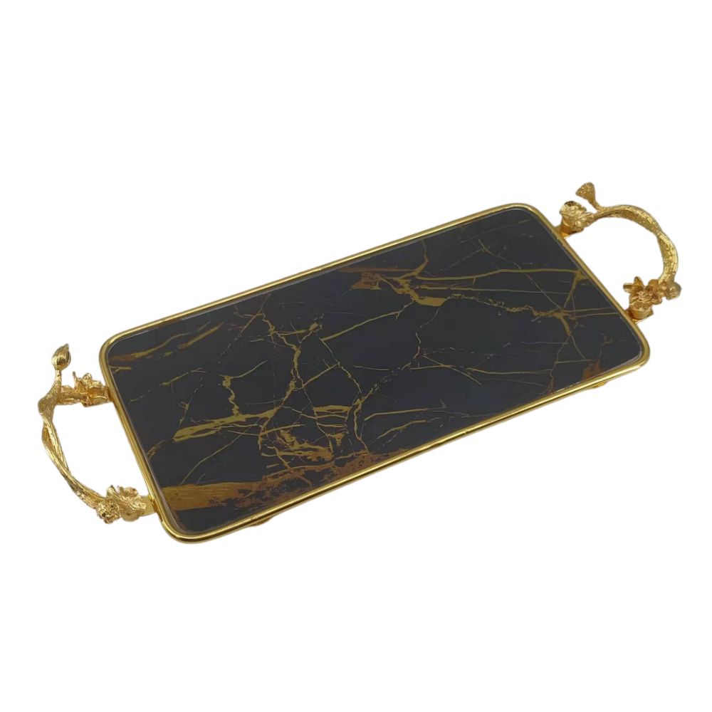 Rectangle Black & Gold Glass Marble Tray  15"x30"