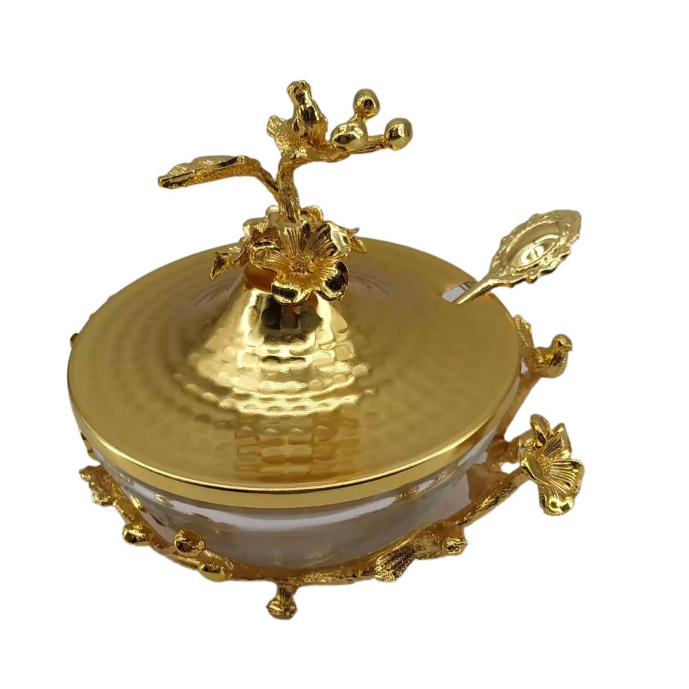 Gold Honey Dish With Glass Plate  - Gold Spoon