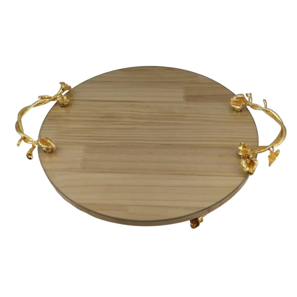 Wood Tray Round  - Gold Leaves 13.5"