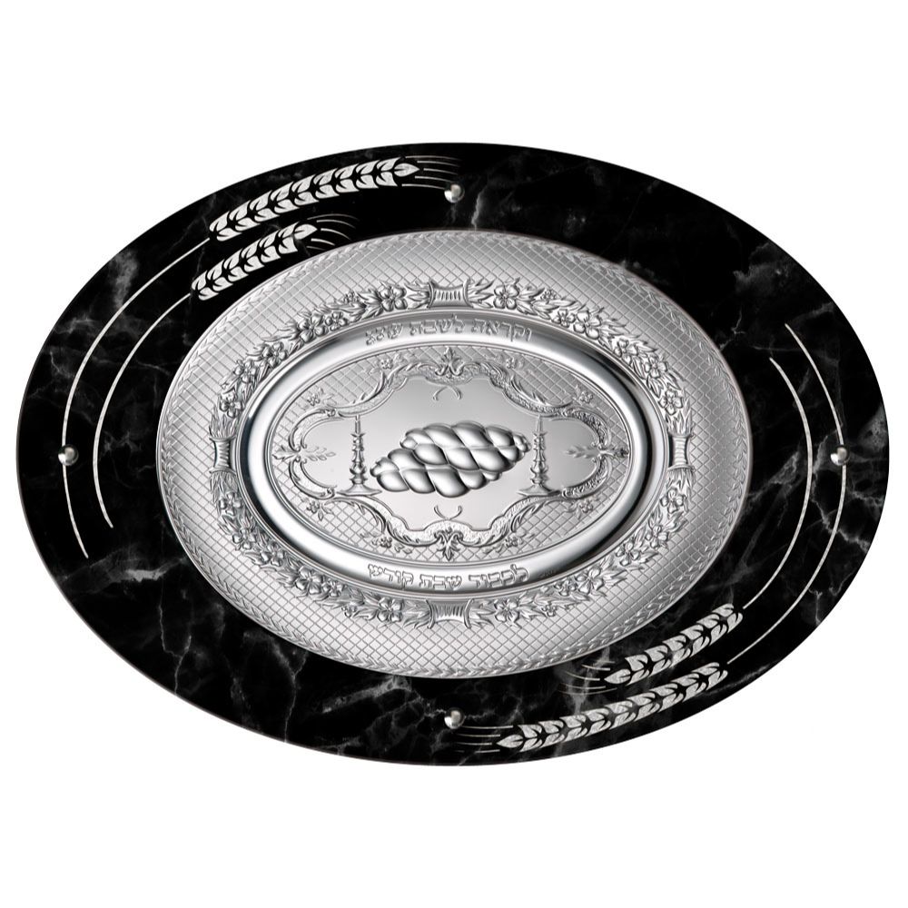 Camilletti Oval Challah Tray With 925 sp Silver 19.7x14.20" Black Marble With Silver Barley Design