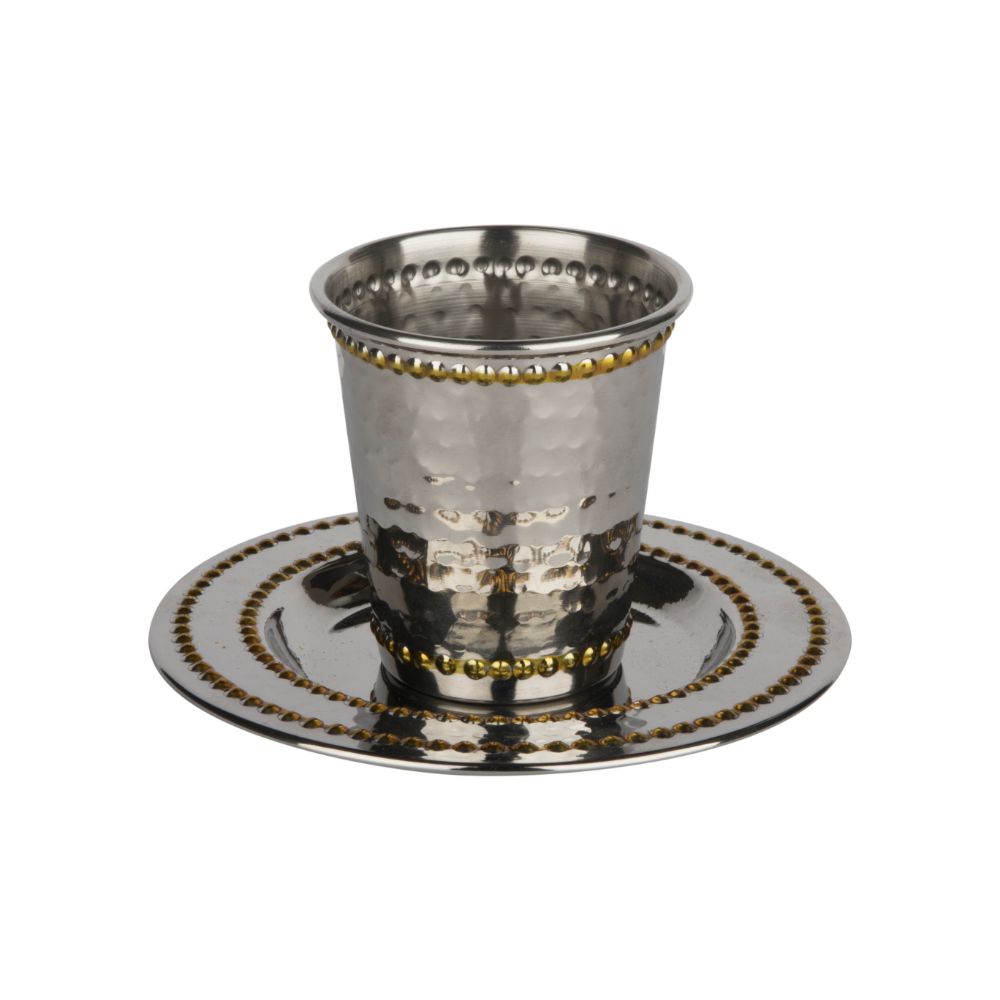 Stainless Steel Kiddush Cup Set Hammered Gold Beaded 3"