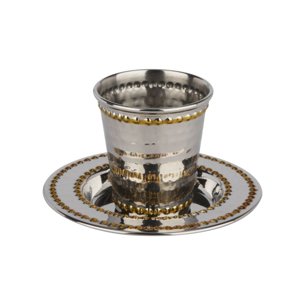 SMALL Stainless Steel Kiddush Cup Set Polished Gold Beaded 2.5"
