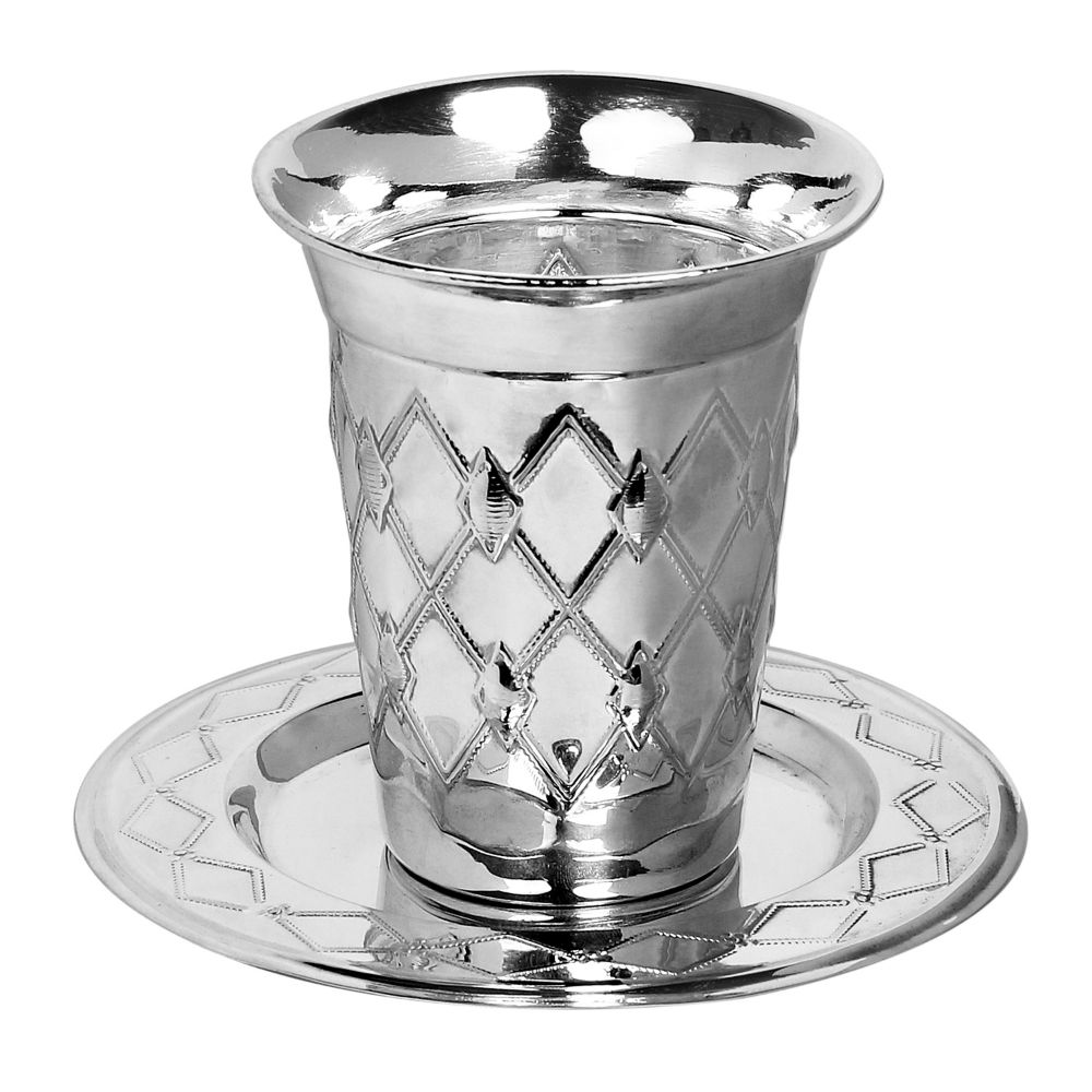 Silver Plated Kiddush Cup Set Cup 3" Plate 5" Diamond Design (5 oz 150 ml)