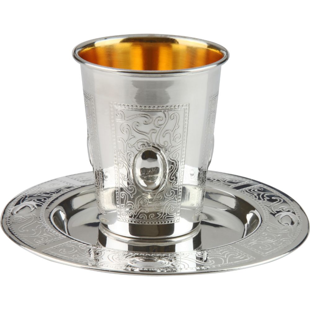 Kiddush Cup Set Eye Frame Design 925 Sterling Silver Coated 3" ( 140 ml 4.7 oz)