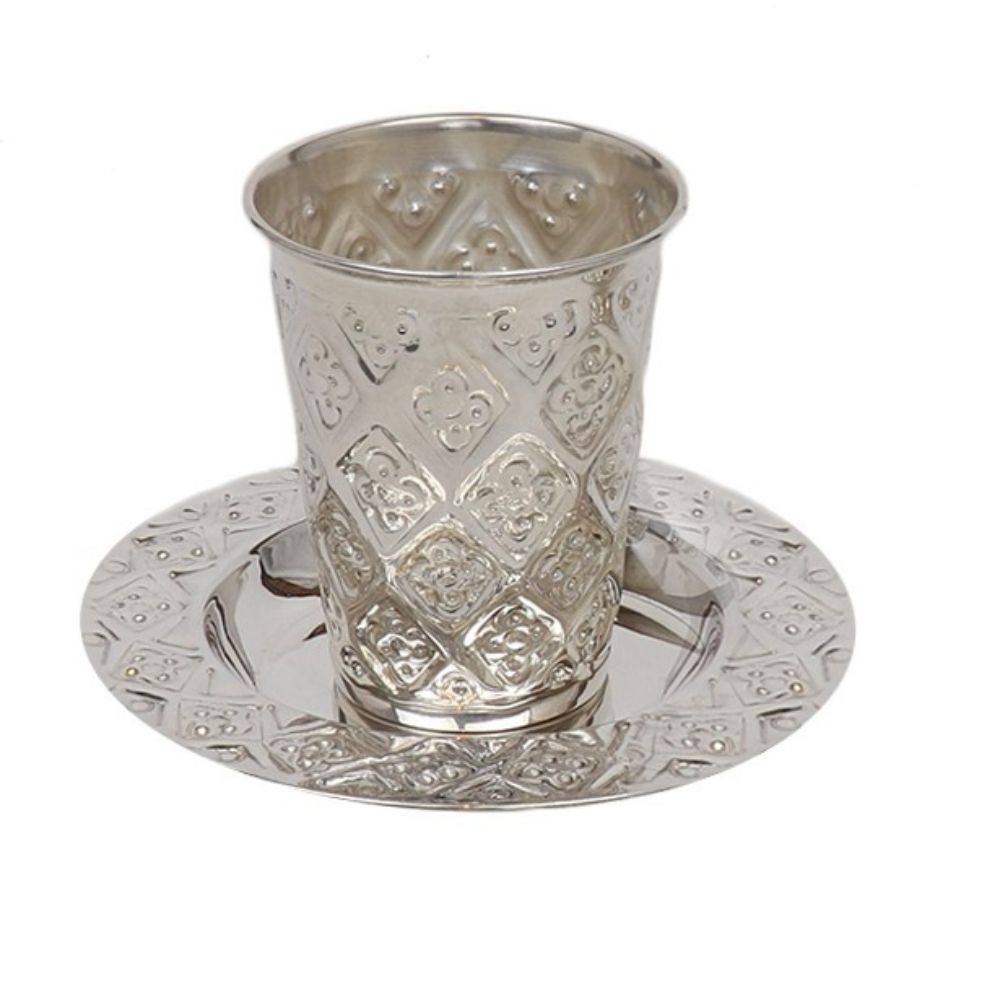 Kiddush Cup Set Diamond Design 925 Silver Coated (5.5 oz 165 ml)