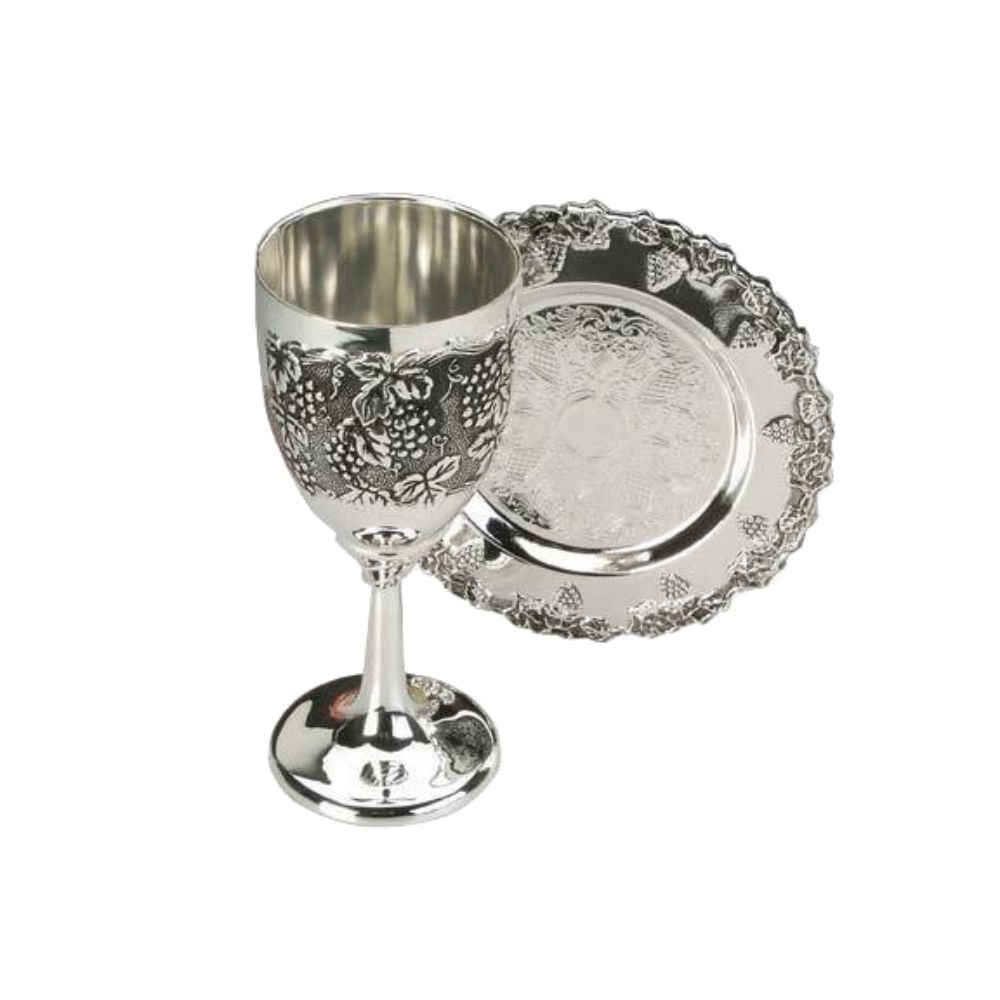 Kiddush Cup Set 4 oz. Silver Plated  Cup - 5" H Plate 4" D