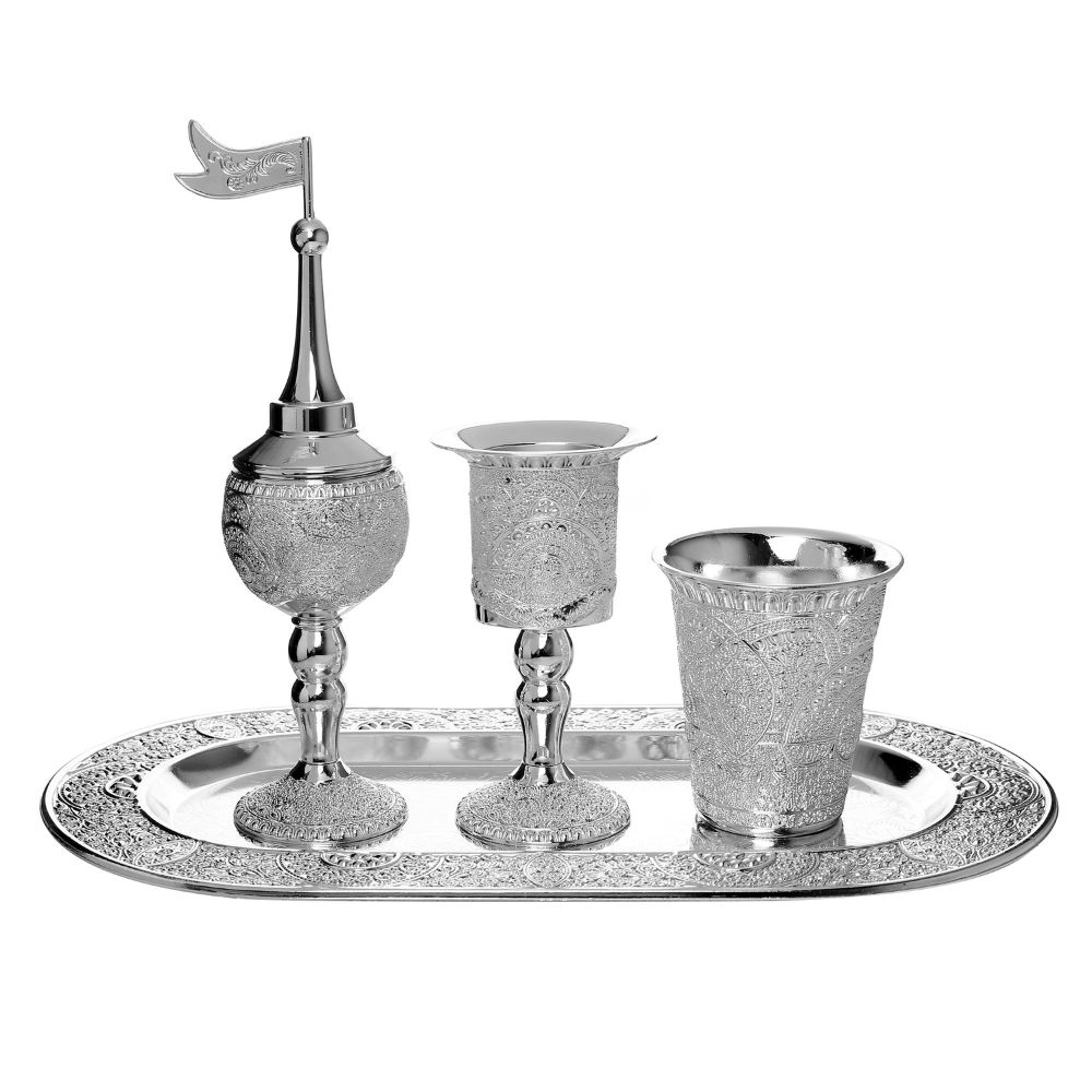 Havdalah Set of 4 Oval Tray Filigree Design Silver Plated