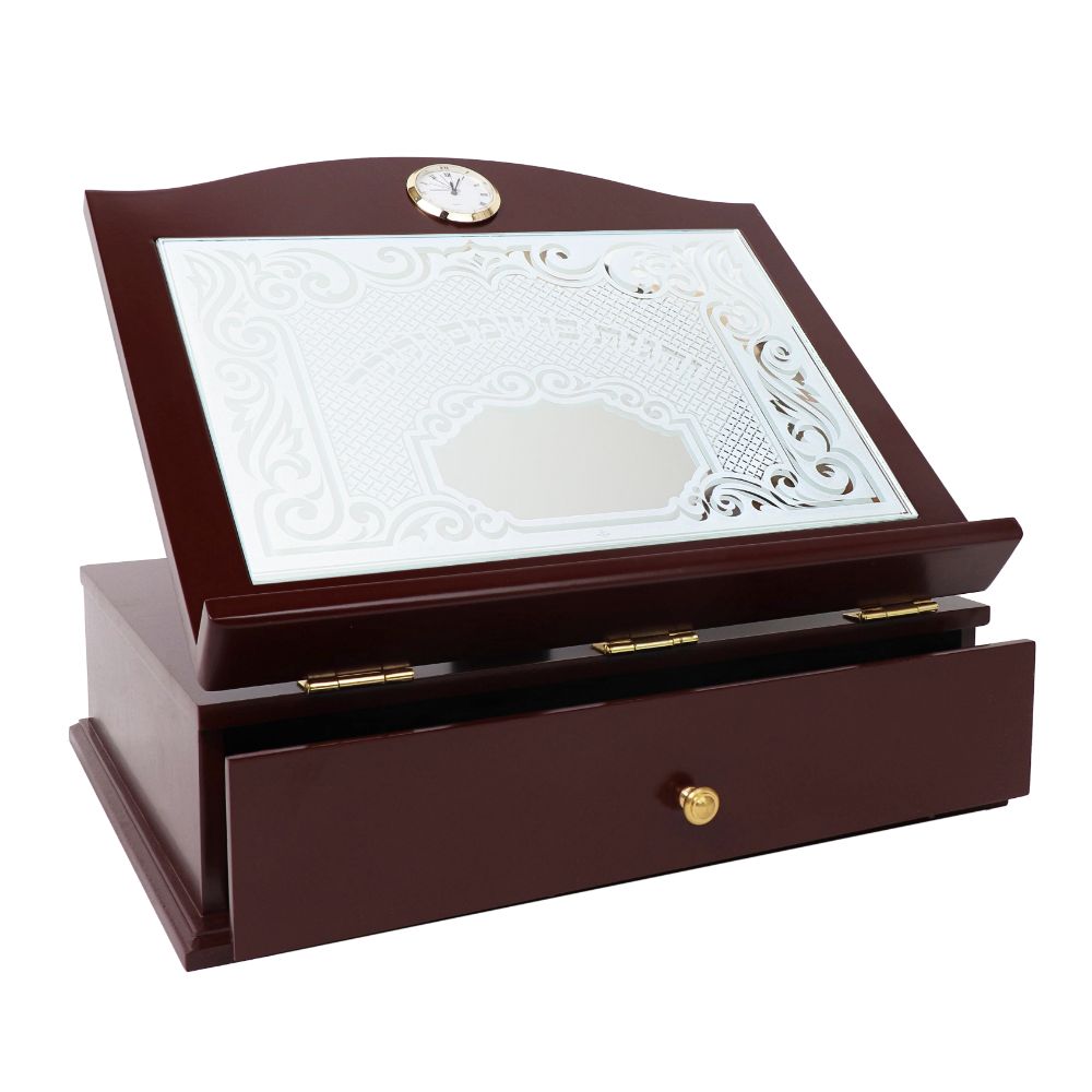 Mahogany Table Shtender With Mirror Designed Top And Drawer W Gold Clock 14.5x12x5.5."