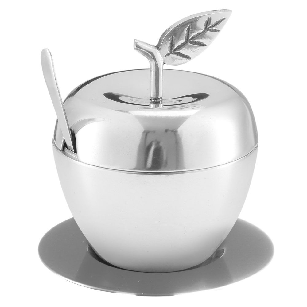 Honey Dish Apple Shape Stainless Steel With Tray & Spoon PLATE: 5.5" W APPLE: 4" W 5" H