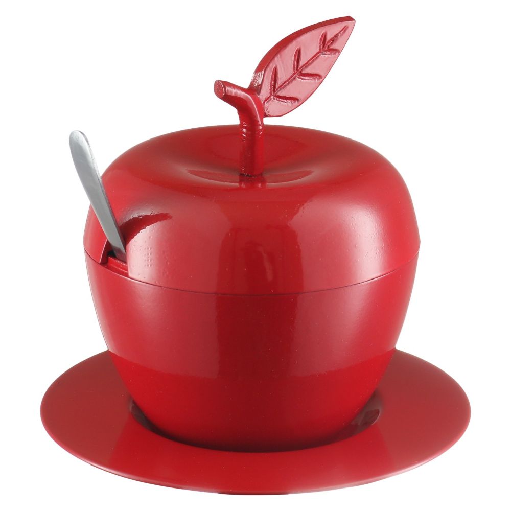 Honey Dish Apple Shape Red Aluminum With Tray & Spoon