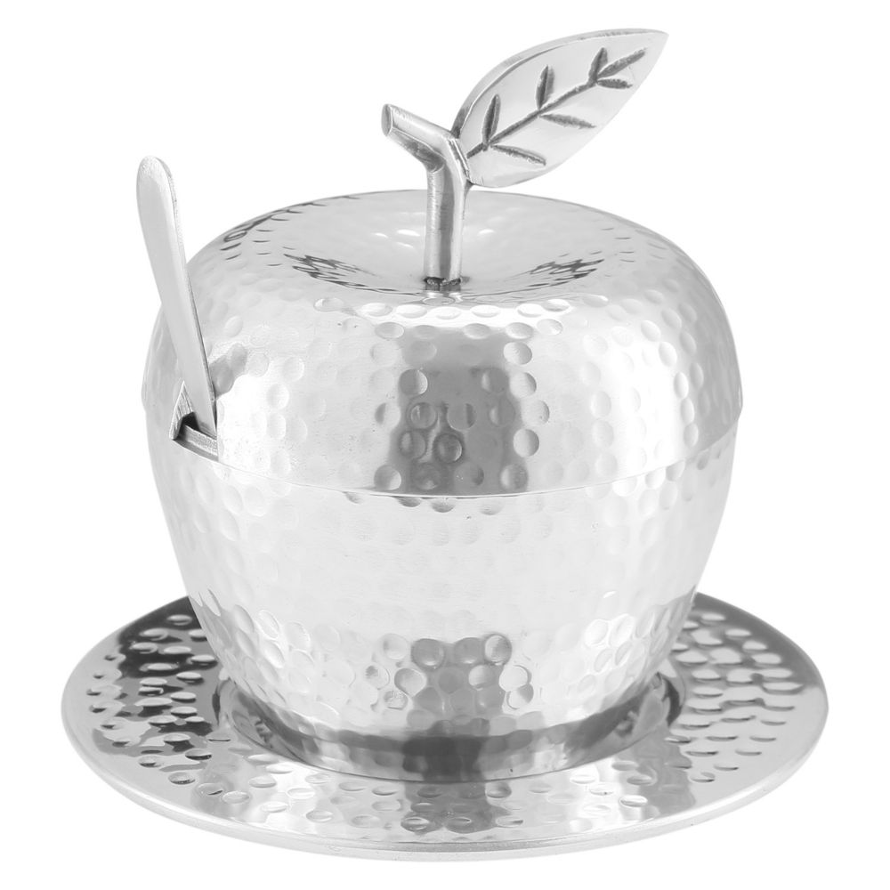 Honey Dish Apple Shape Stainless Steel Hammered With Tray & Spoon