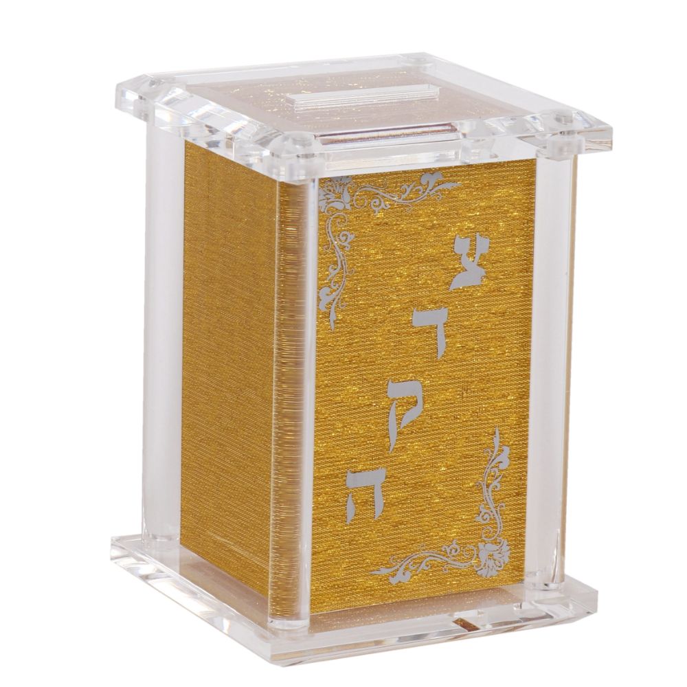Acrylic Tzedakah Box With Poles Gold Imprinted Tzedakah 5 x 3"