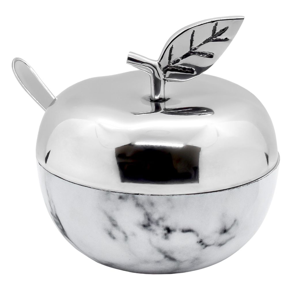 Honey Dish Apple Shape Stainless Steel Marble - Leaf With  Spoon - Silver 
