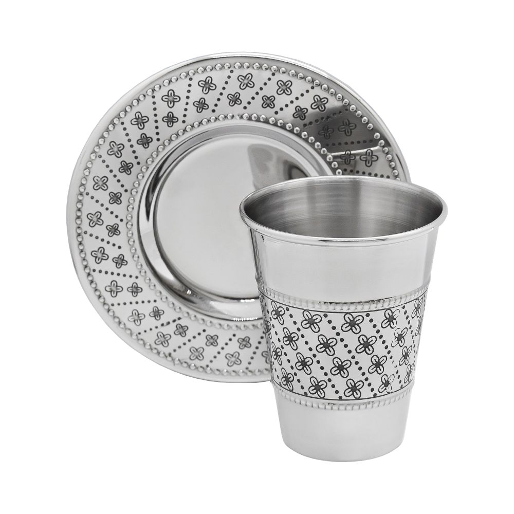 stainless Steel Kiddush Cup with Tray - Flower design