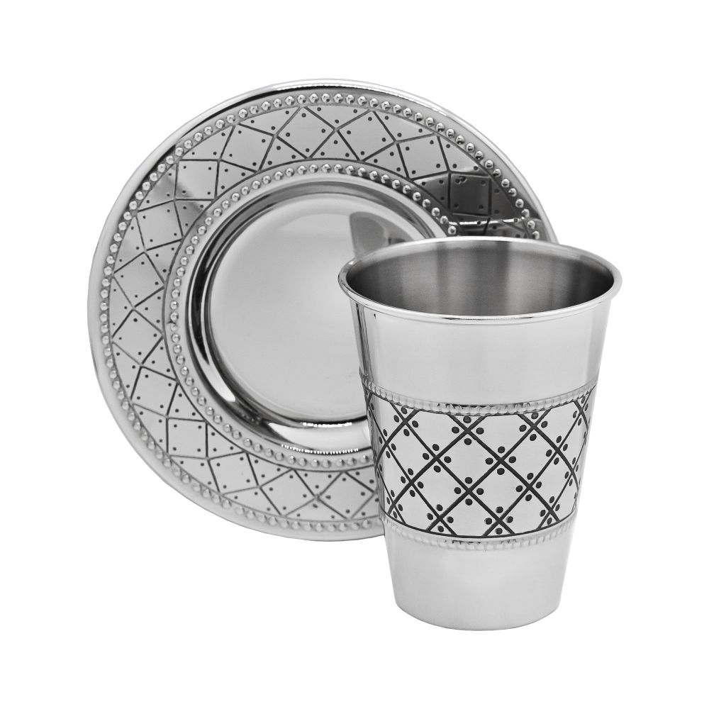 stainless Steel Kiddush Cup with Tray - Diamond design