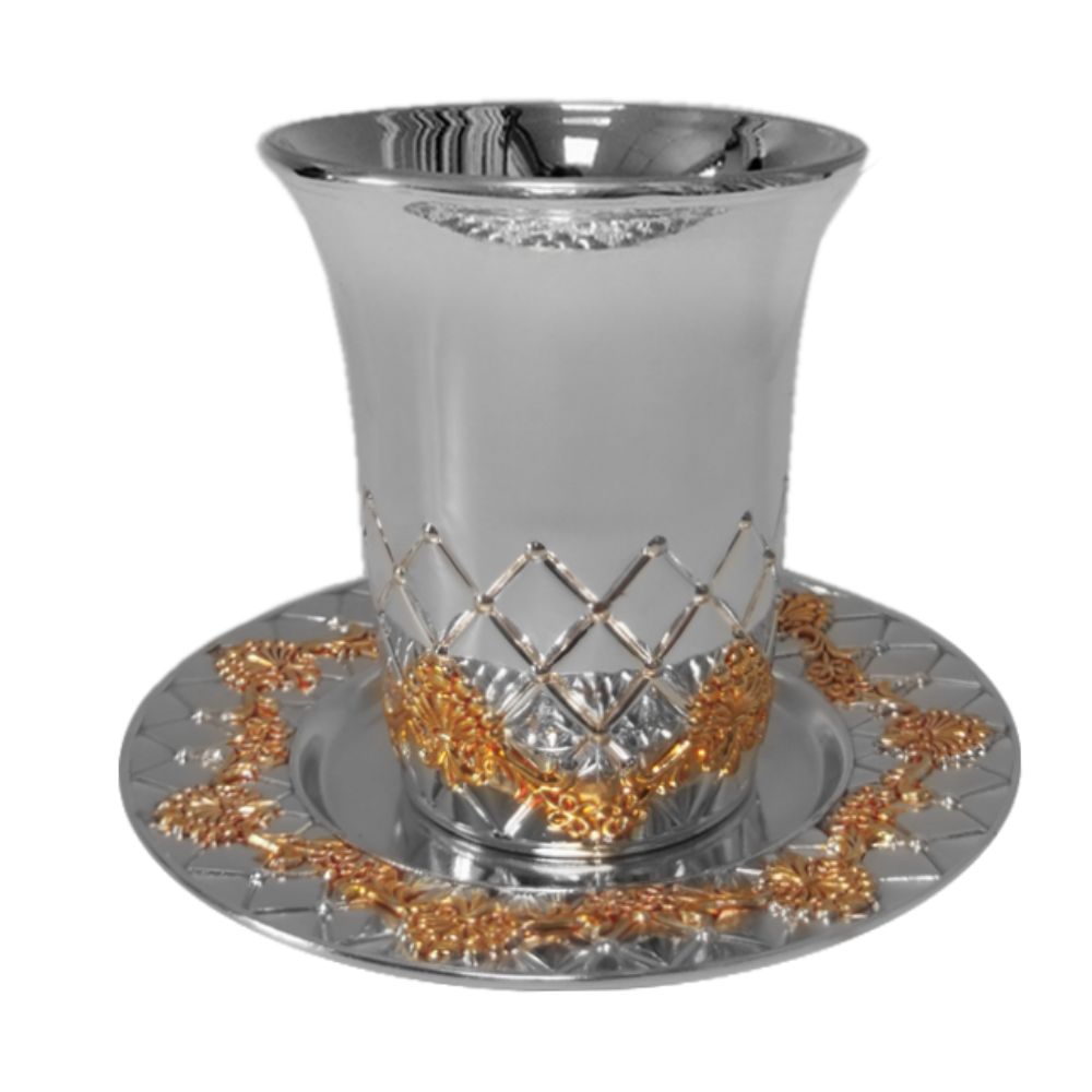 Kiddush Cup Set Silver Plated With Gold Flowers Cup 2x2x3", Plate 4.5"