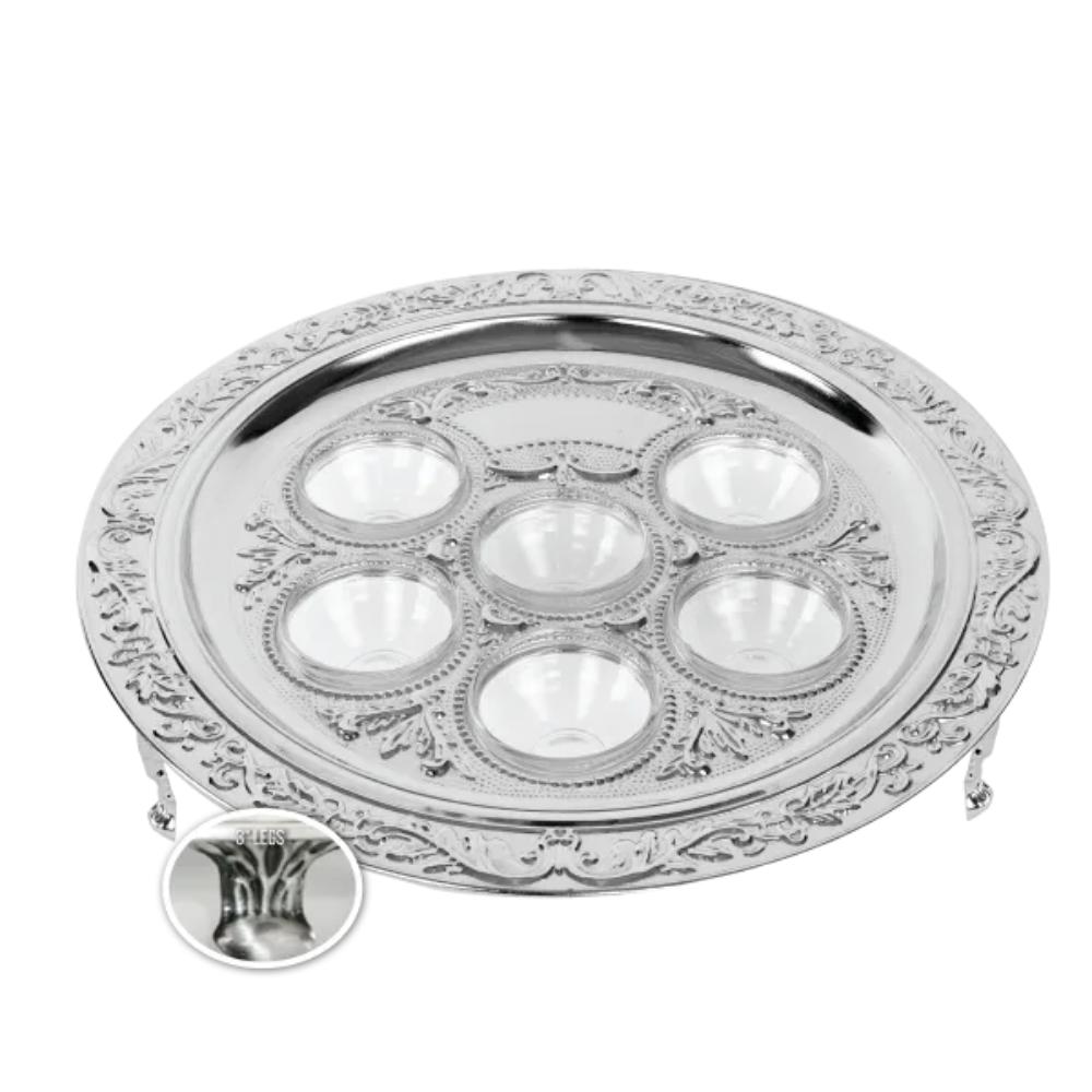 Silver Plated Seder Plate with Legs 3"H x 15.5"W 6 Glass Liners Included